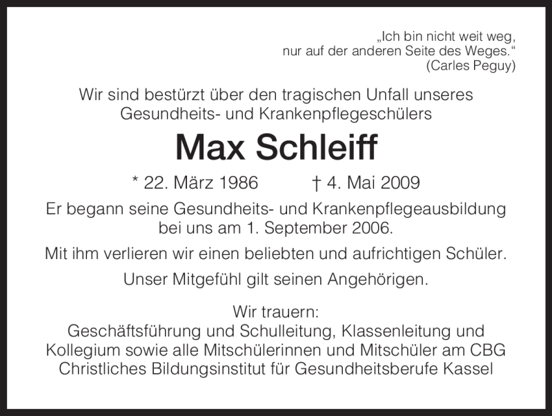  Traueranzeige für Max Schleiff vom 09.05.2009 aus HNA