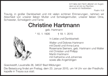 Traueranzeige von Christine Hartmann von HNA