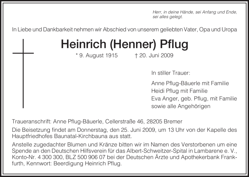  Traueranzeige für Heinrich Pflug vom 23.06.2009 aus HNA