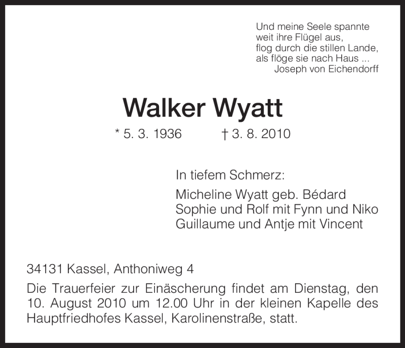  Traueranzeige für Walker Wyatt vom 07.08.2010 aus HNA