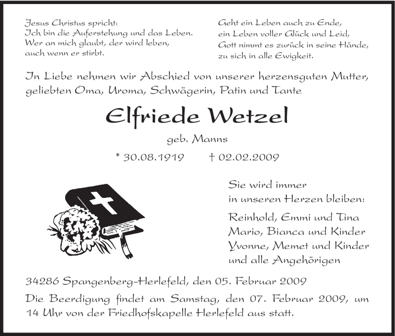  Traueranzeige für Elfriede Wetzel vom 05.02.2009 aus HNA