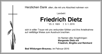 Traueranzeige von Friedrich Dietz von HNA