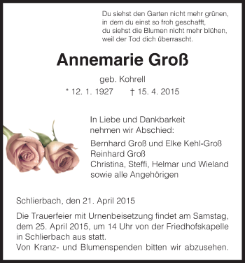 Traueranzeige von Annemarie Groß von HNA