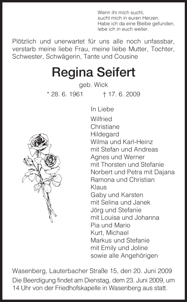  Traueranzeige für Regina Seifert vom 20.06.2009 aus HNA
