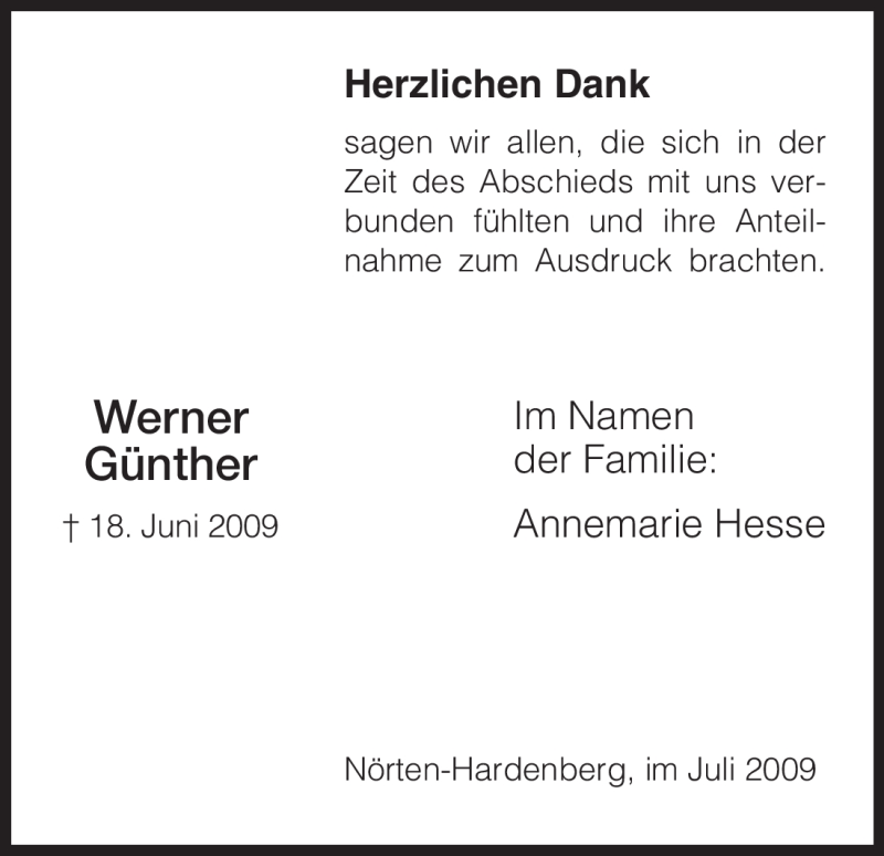  Traueranzeige für Werner Günther vom 11.07.2009 aus HNA