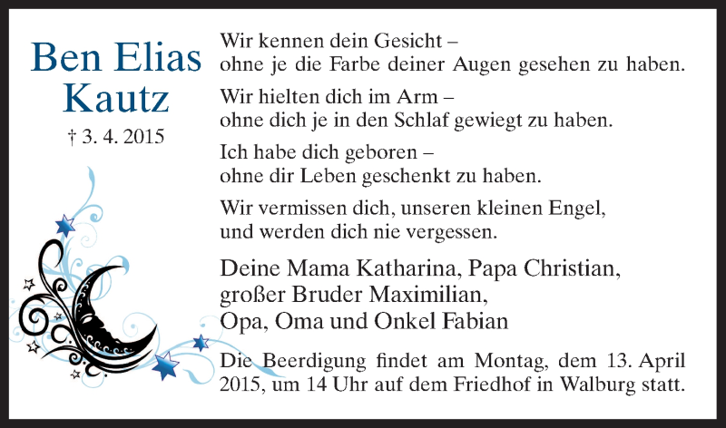  Traueranzeige für Ben Elias Kautz vom 11.04.2015 aus HNA