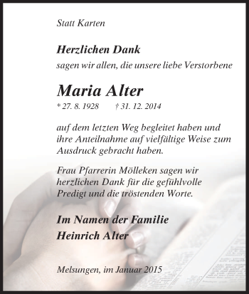 Traueranzeige von Maria Alter von HNA