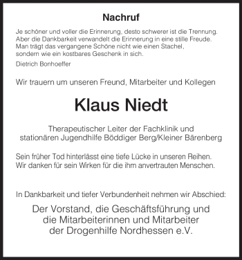 Traueranzeige von Klaus Niedt von HNA