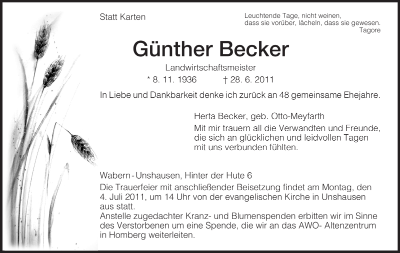  Traueranzeige für Günther Becker vom 01.07.2011 aus HNA