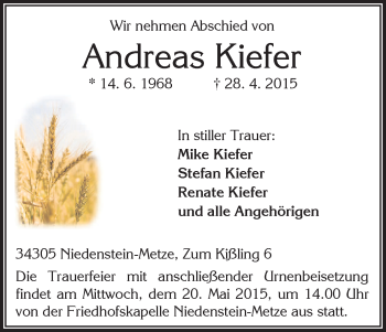 Traueranzeige von Andreas Kiefer von HNA