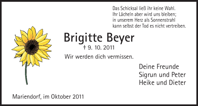  Traueranzeige für Brigitte Beyer vom 13.10.2011 aus HNA