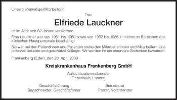 Traueranzeige von Elfriede Lauckner von HNA