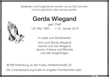 Traueranzeige von Gerda Wiegand von HNA