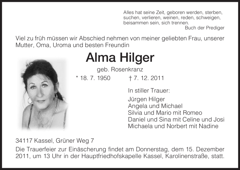  Traueranzeige für Alma Hilger vom 12.12.2011 aus HNA