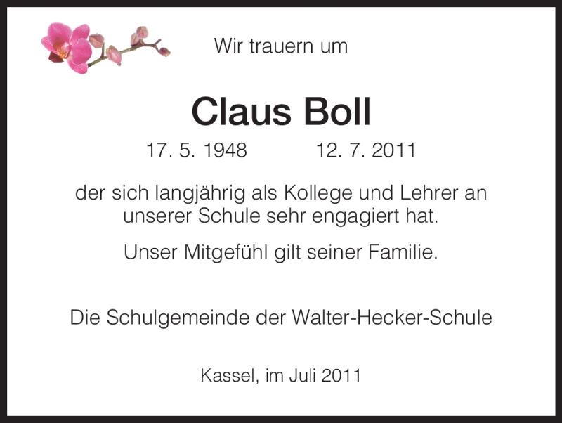  Traueranzeige für Claus Boll vom 19.07.2011 aus HNA