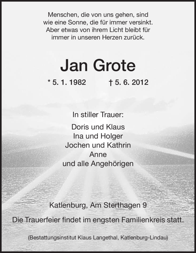  Traueranzeige für Jan Grote vom 08.06.2012 aus HNA