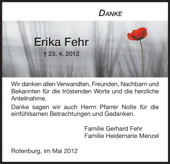 Traueranzeige von Erika Fehr von HNA