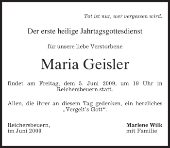 Traueranzeige von Maria Geisler von HNA