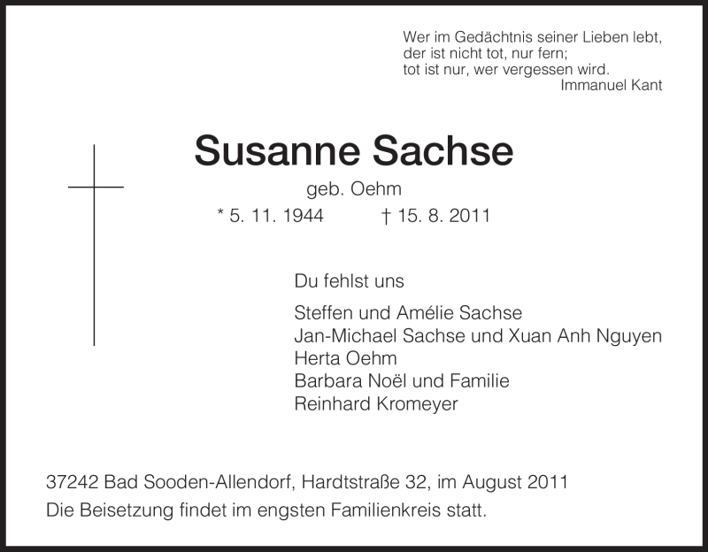  Traueranzeige für Susanne Sachse vom 18.08.2011 aus HNA