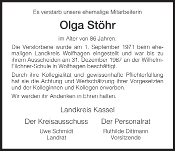 Traueranzeige von Olga Stöhr von HNA