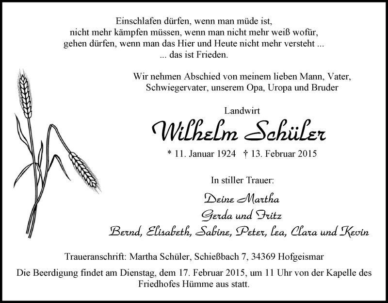  Traueranzeige für Wilhelm SchÃ¼ler vom 14.02.2015 aus HNA