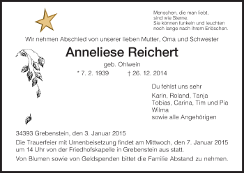 Traueranzeige von Anneliese Reichert von HNA