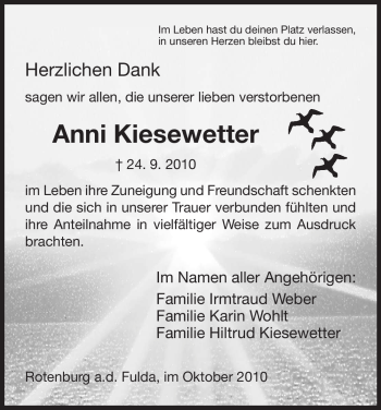 Traueranzeige von Anni Kiesewetter von HNA