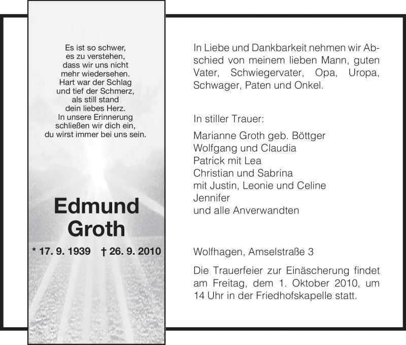  Traueranzeige für Edmund Groth vom 29.09.2010 aus HNA