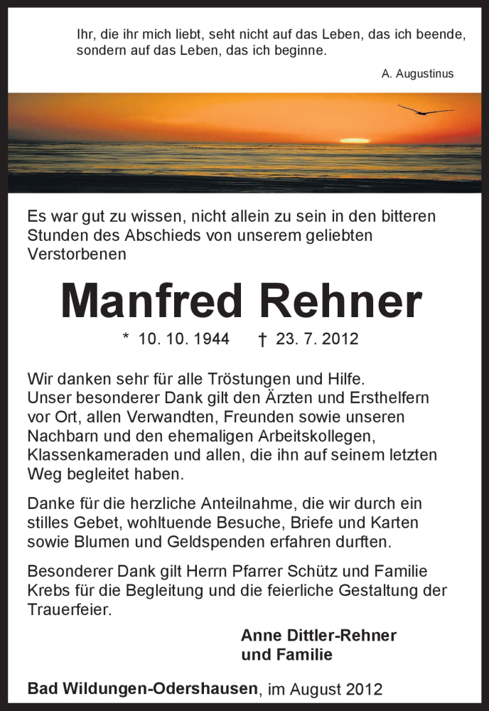  Traueranzeige für Manfred Rehner vom 25.08.2012 aus HNA