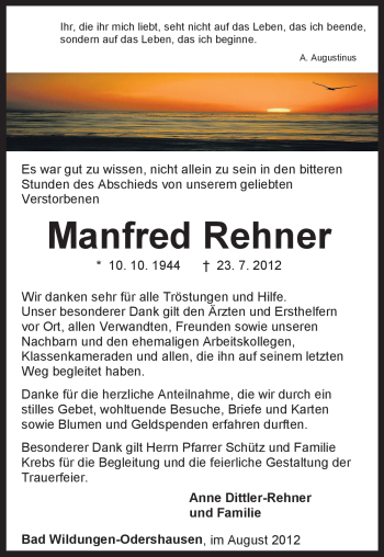 Traueranzeige von Manfred Rehner von HNA