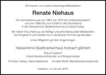 Traueranzeige von Renate Niehaus von HNA