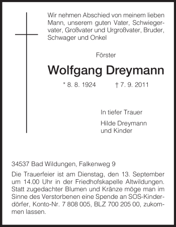 Traueranzeige von Wolfgang Dreymann von HNA