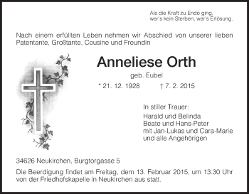 Traueranzeige von Anneliese Orth von HNA