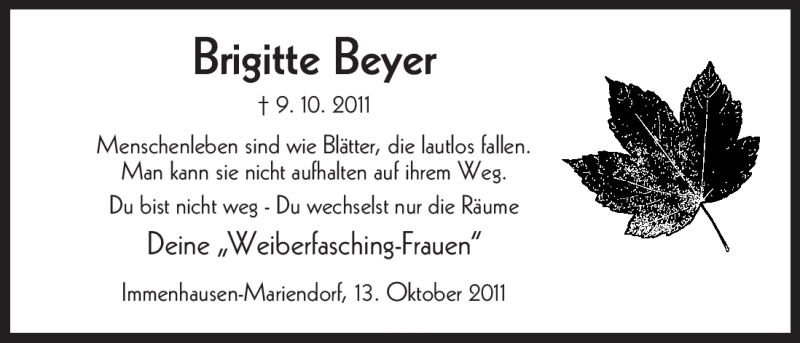  Traueranzeige für Brigitte Beyer vom 13.10.2011 aus HNA