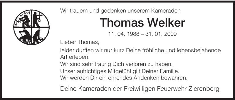  Traueranzeige für Thomas Welker vom 05.02.2009 aus HNA