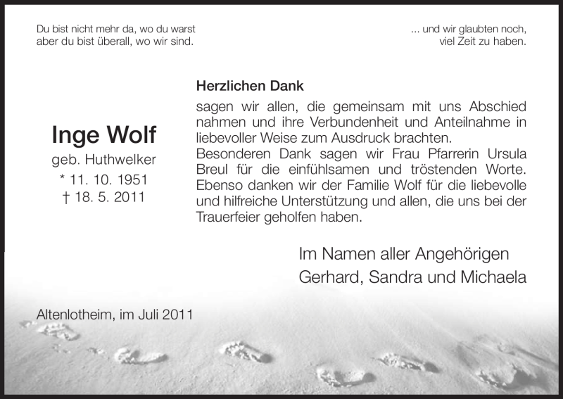  Traueranzeige für Inge Wolf vom 02.07.2011 aus HNA