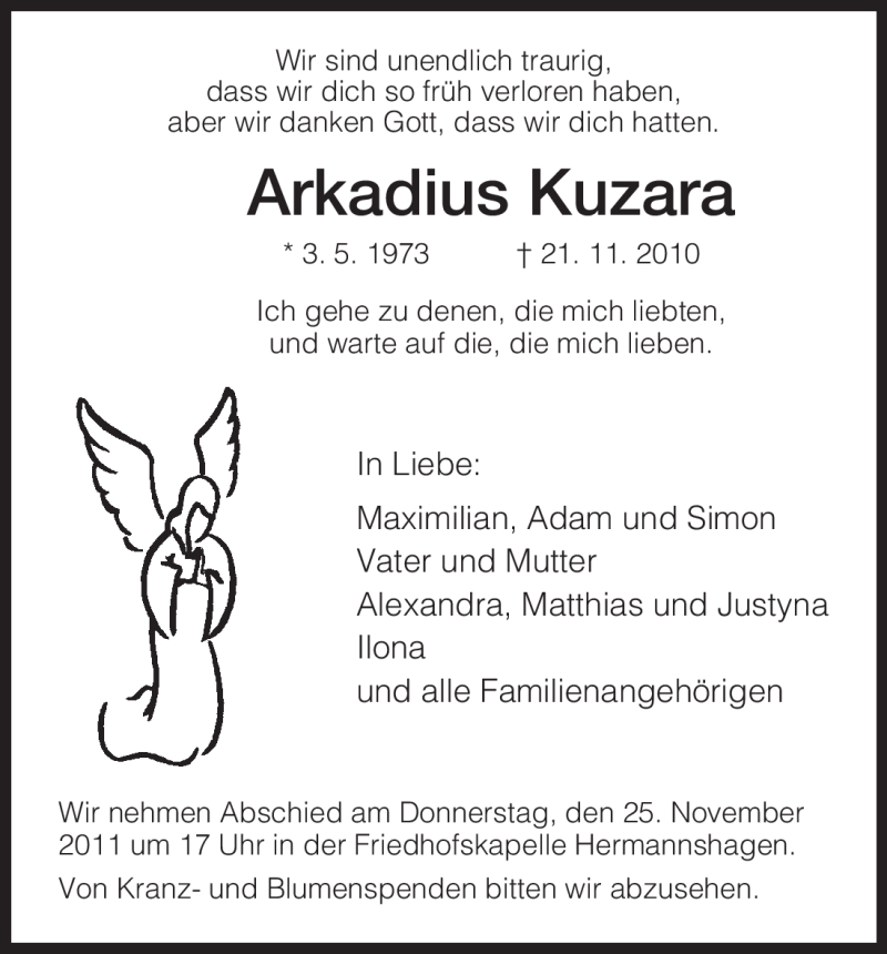  Traueranzeige für Arkadius Kuzara vom 24.11.2010 aus HNA