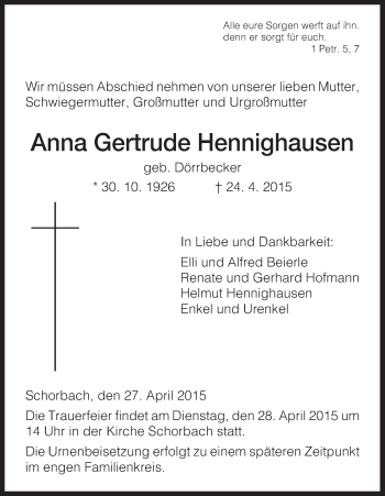Traueranzeige von Anna Gertrude Hennighausen von HNA