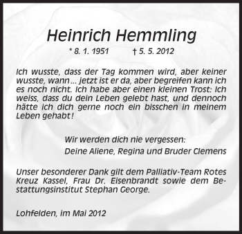 Traueranzeige von Heinrich Hemmling von HNA