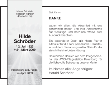 Traueranzeige von Hilde Schröder von HNA