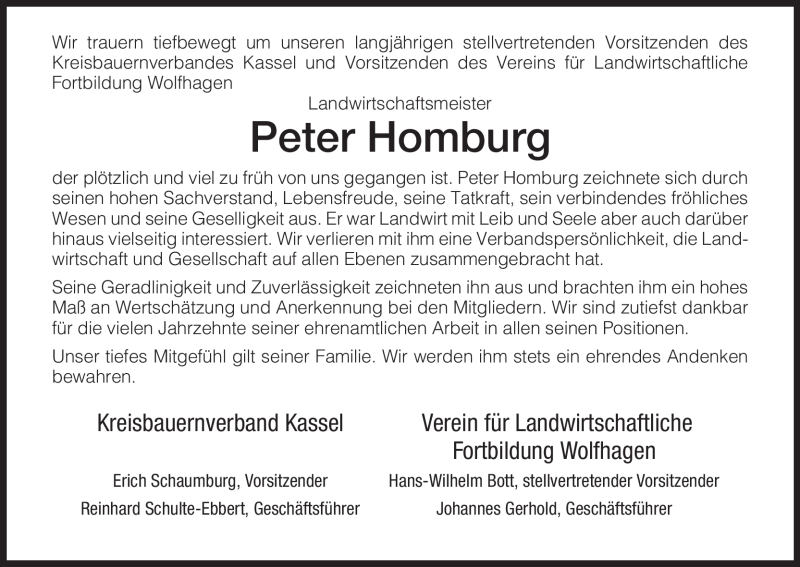  Traueranzeige für Peter Homburg vom 13.08.2011 aus HNA