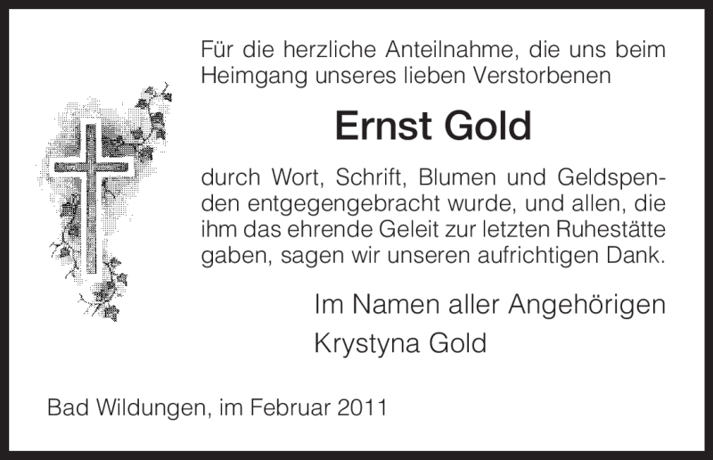  Traueranzeige für Ernst Gold vom 11.02.2011 aus HNA