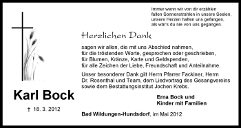 Traueranzeige von Karl Bock von HNA