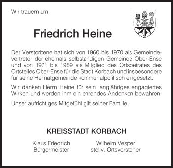 Traueranzeige von Friedrich Heine von HNA