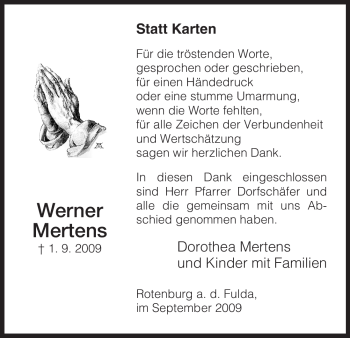 Traueranzeige von Werner Mertens von HNA