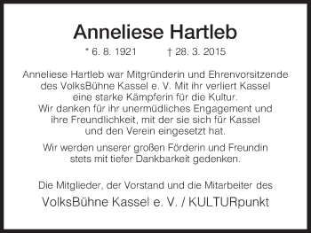 Traueranzeige von Anneliese Hartleb von HNA