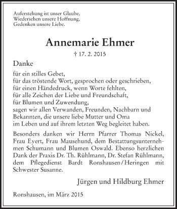 Traueranzeige von Annemarie Ehmer von HNA