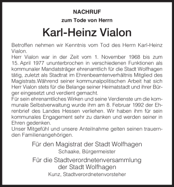 Traueranzeige von Karl-Heinz Vialon von HNA