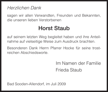Traueranzeige von Horst Staub von HNA
