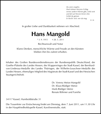 Traueranzeige von Hans Mangold von HNA